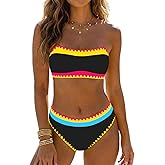 Sexybody Women's Bandeau Bikini Strapless Bikini Neon Color Block Two Piece Whip Stitch Trim Bathing Suits