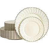 Brolifon 80pcs Ivory Thanksgiving Plastic Plates With Gold Rim, 10in Dinner Plate and 7in Dessert Plate Disposable Elegant Scalloped Plates for Party, Wedding