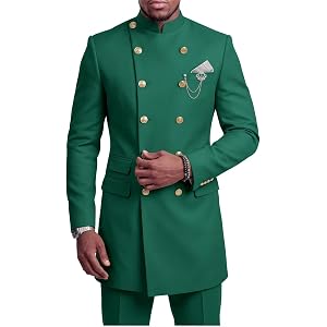 HUUTOE African Mens Mandarin Collar Suit Slim Fit Chinese Double Breasted Wedding Prom Suits 2 Piece Stand up Jacket Pants