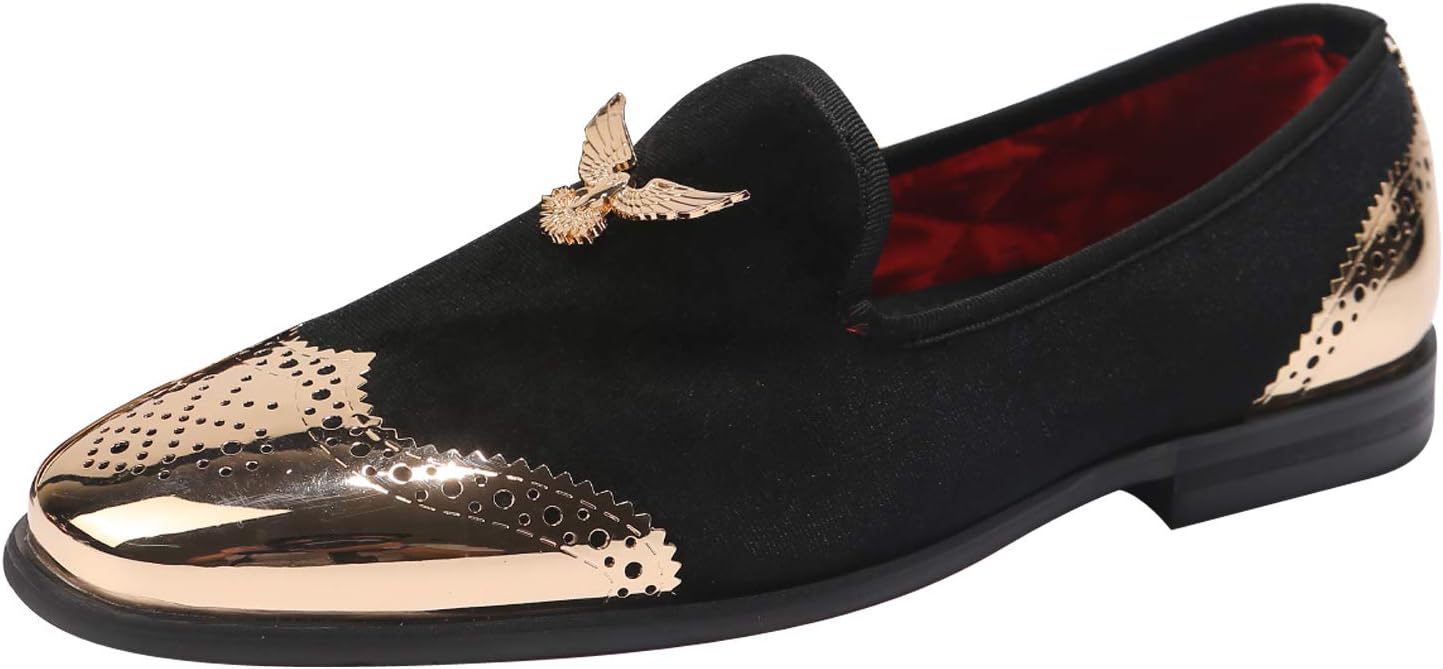 ELANROMAN Men's Gold Wedding Party Prom Velvet Loafers Shoes