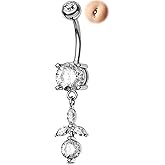 Melighting 14G Dangle Belly Button Ring, Stainless Steel 316L Navel Piercing Barbell, CZ Clear Flower Belly Bar, 10 mm Silver Body Jewellery for Women