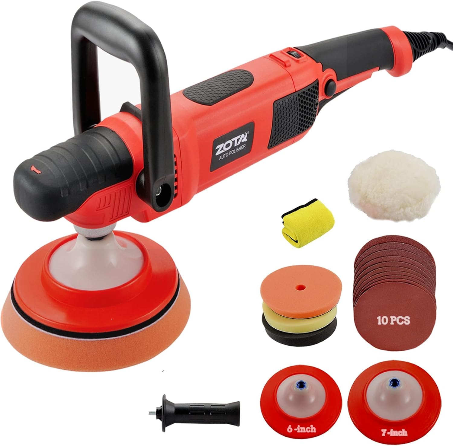ZOTA Rotary Polisher, 1200W Double Torque 6-inch/7-inch Car Polisher, 6 Variable Speed 1100-3050RPM Buffer with Soft Start Image