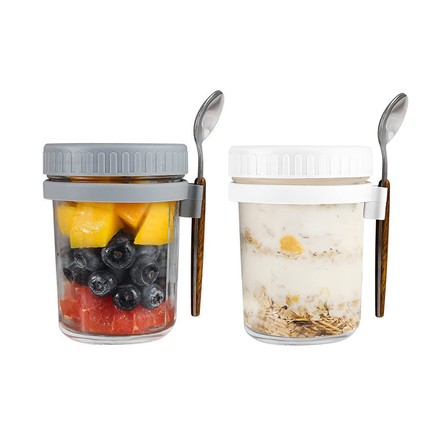 Hniuyun 2 Pack Overnight Oats Jars with Lids and Spoon, 10 oz Airtight Breakfast Jars with Measurement Marks, Mason Jars with Lid for Salads Cereal Milk Porridge Fruit — image 1