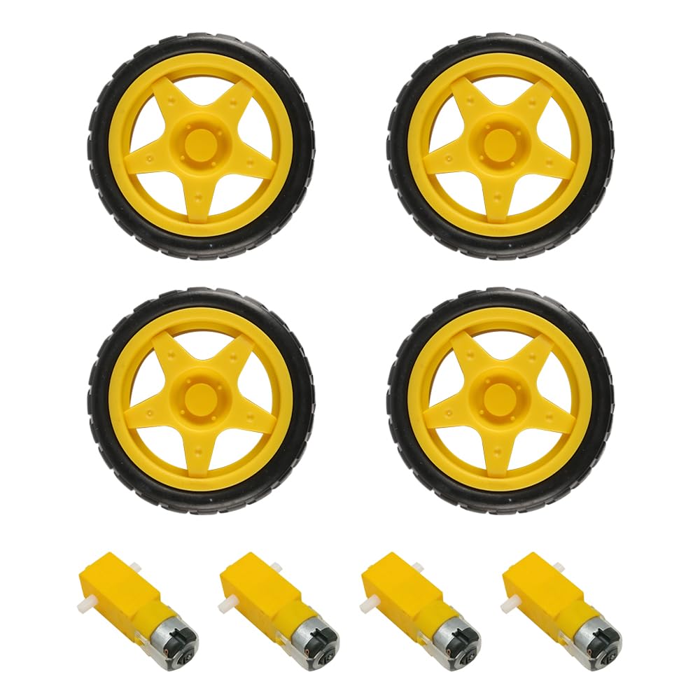 Set of 4 FONGKNOX TT Motor Wheel Kit DC Drive Gear Motor Dual Shaft with Tire Wheel Dual Shaft Geared TT Magnetic Gearbox Engine Compatible with Arduino Robotic Vehicle Projects