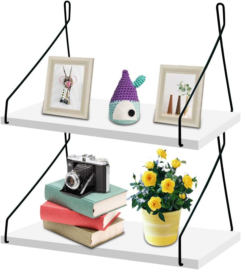 MONOLED Floating Shelves, Wall Mounted Floating Shelves, Set of 2, Rustic Metal Wire Floating Wood Shelf Storage Rack for Living Room Bedroom Bathroom Kitchen School Office (White)