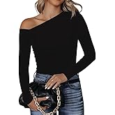 BONITEE Women Off The Shoulder Asymmetrical Tops Long Sleeve Boat Neck Clothes Casual Dressy Blouse Shirts