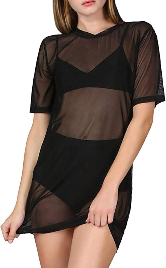 Women's Beach Cover Ups Short Sleeve See Through Sheer Mesh T Sexy