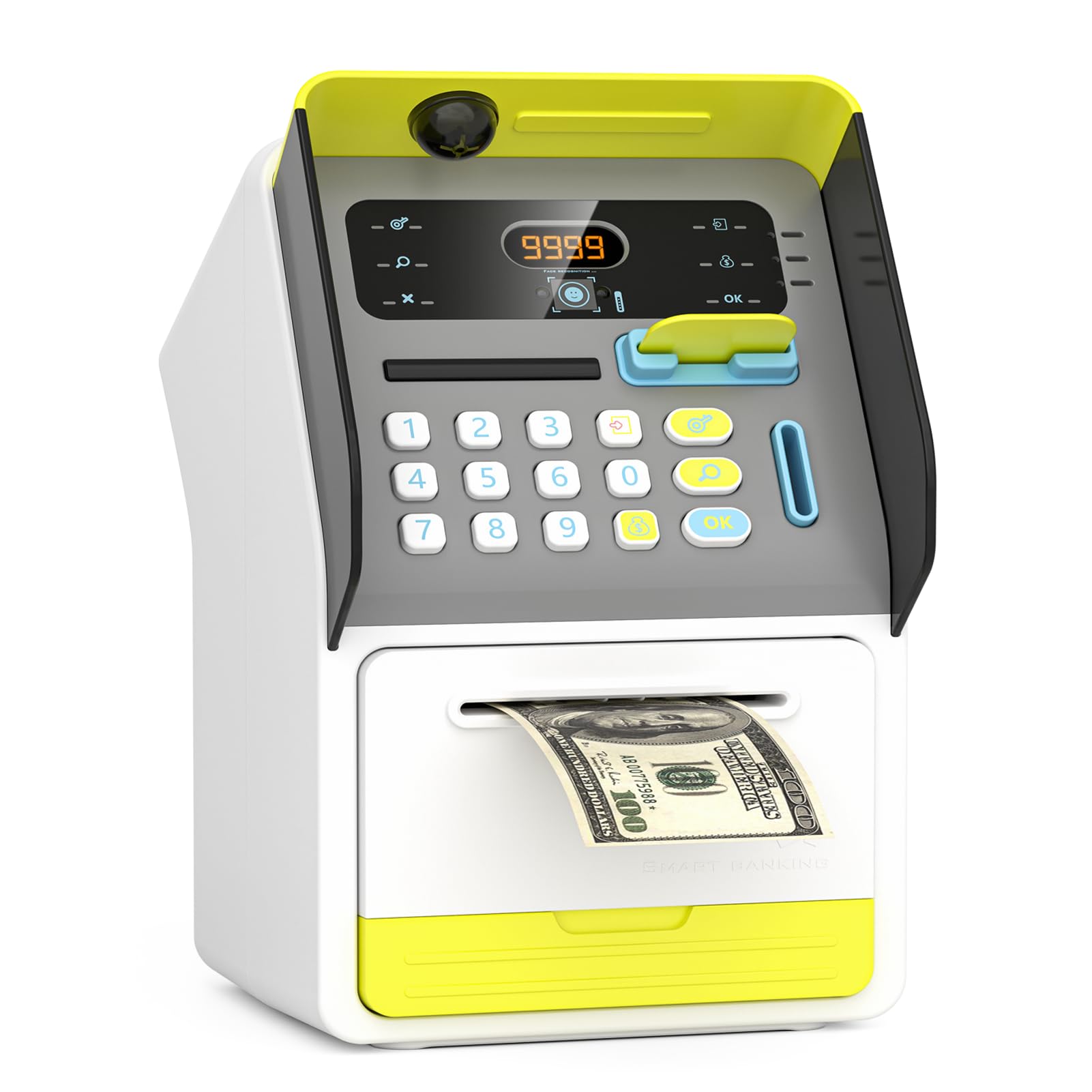 Photo 1 of Summidate ATM Piggy Bank for Kids with Debit Card for Real Money, Talking ATM Machine with Onekey Shutdown, Power-Off Memory, Bill Feeder, Balance Calculator, Smart Piggy Bank (Yellow)