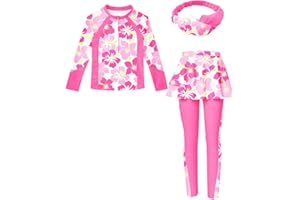 SunFocus Girls Long Sleeve Rashguard Half Zip Swimsuits UPF 50+ Two Piece Swim Sets with Hairband 5-12Y