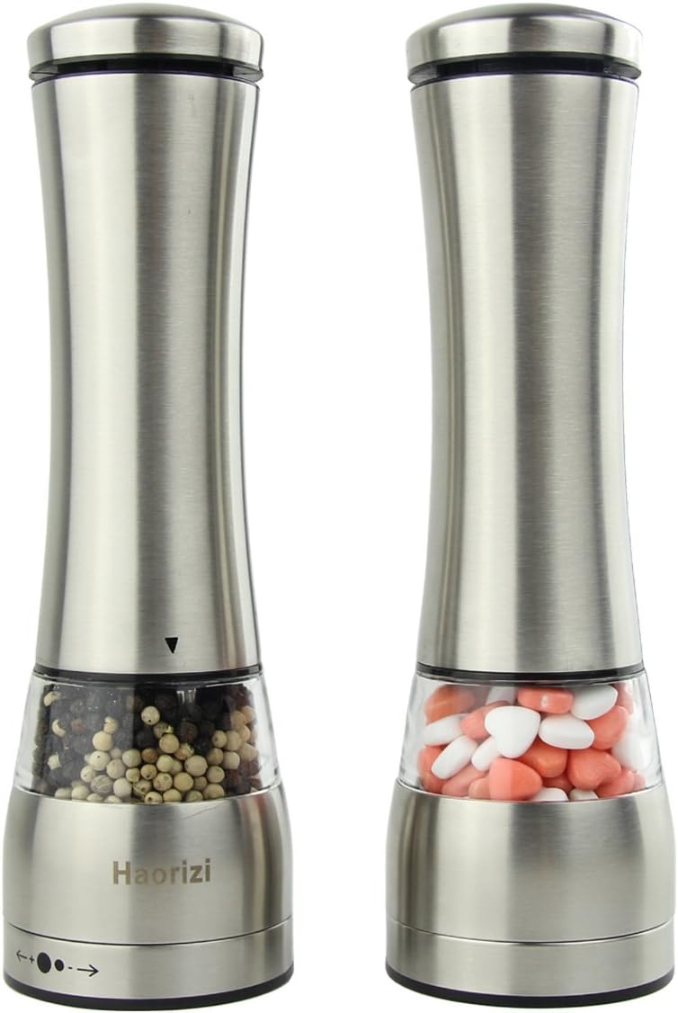 Battery Powered Salt And Pepper Grinder Set Electric Automatic Mills Premium Stainless Steel Shaker With Adjustable Coarseness Ceramic Rotor Blades - Bottom LED Light,Pack of 2 (2)