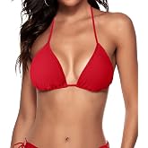 Zonsaoja Women Triangle String Halter Padded Tie Swim Bikini Top | Wirefree Removable Padding, Adjustable Spaghetti Straps, Tie Back, Sexy V Neck, Bathing Suit Swimsuit Top, Beach Vacation
