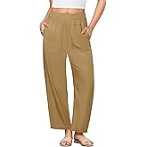 GRAPENT Linen Pants Women Wide Leg High Waisted Cropped Barrel Pull On Smocked Elastic Waist Summer Pants with Pockets