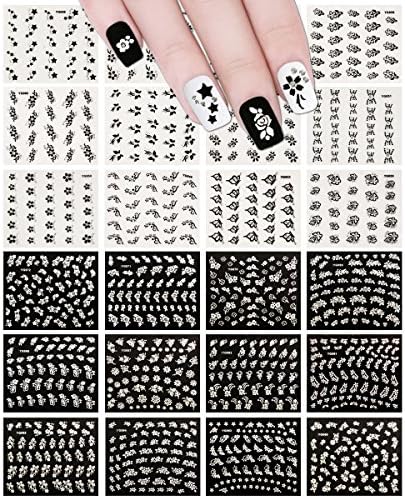 AllyDrew Sparkly Black & White Flower Nail Art Sparkle Flower Nail Stickers (24 sheets)
