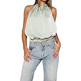 Women's Satin Halter Top Sexy Backless Going Out Tops Silky Sleeveless Y2K Summer Party Club Streetwear