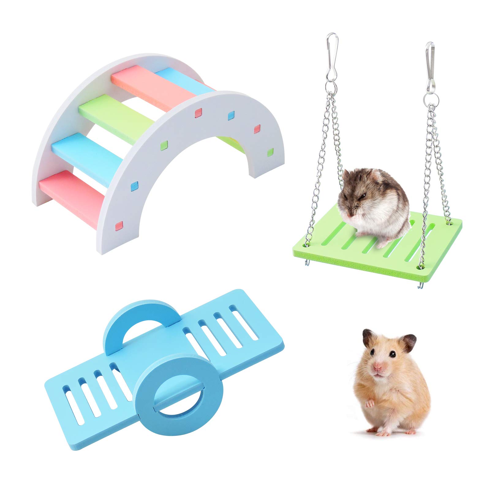 Andiker Colorful Hamster Toys 3 Pack, Rainbow Bridge & Seesaw & Swing, Hamster Climb and Play Toy, Boredom Breaker Small Animal Activity Toy, DIY Hamster Cage Accessories for Small Pets