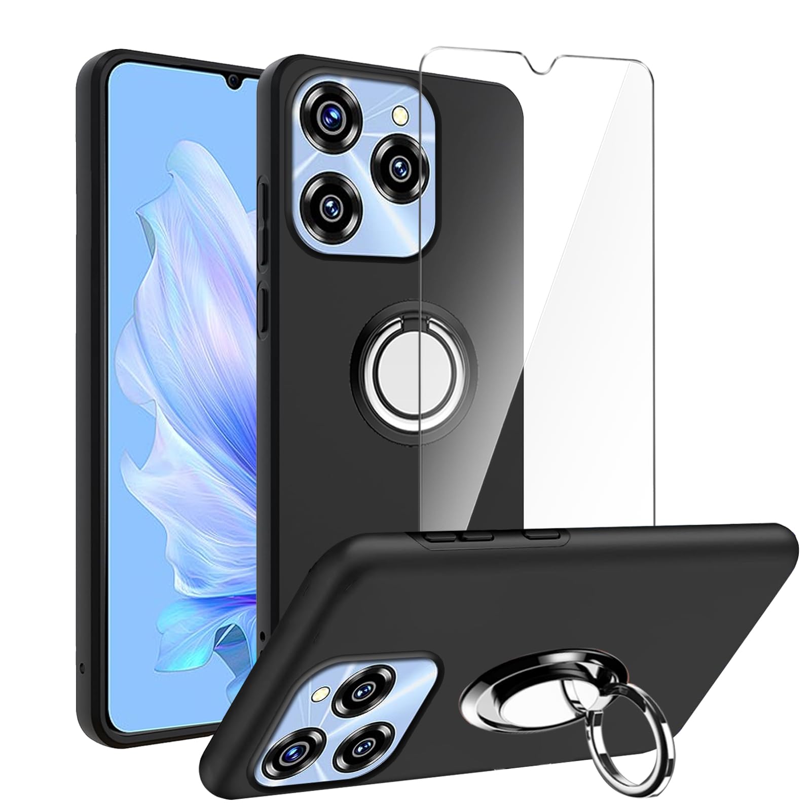 LYZXMY Case for Oukitel C50 5G (6.8") Black phone case + 360° Rotating Ring Stand+ 1 pcs tempered Glass Screen Protector.