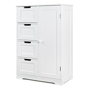 HOMFA Bathroom Floor Cabinet, Wooden Side Storage Organizer Cabinet with 4 Drawer and 1 Cupboard, Freestanding Unit for Better Homes and Gardens Office Furniture, Off White