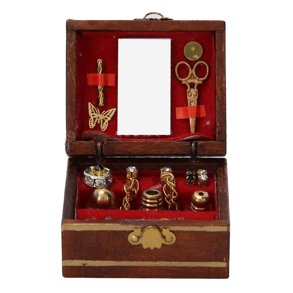 Dollhouse Vintage Jewelry Box,1:12 Simulation Miniature Furniture Wooden Case Treasure Chest for Doll House Decoration Ornament