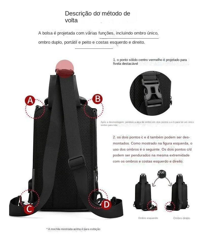 Bolsa Masculina Transversal Impermeável, Mochila com Saída USB, Pochete Grande em Poliéster, Alça Ajustável para Tablet e Celular