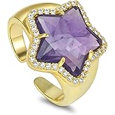 Amethyst Crystal Ring, Gold Plated Natural Gemstone Star Adjustable Ring with for Women, Birthstone Rings Jewelry for Valentine's Day, Birthday
