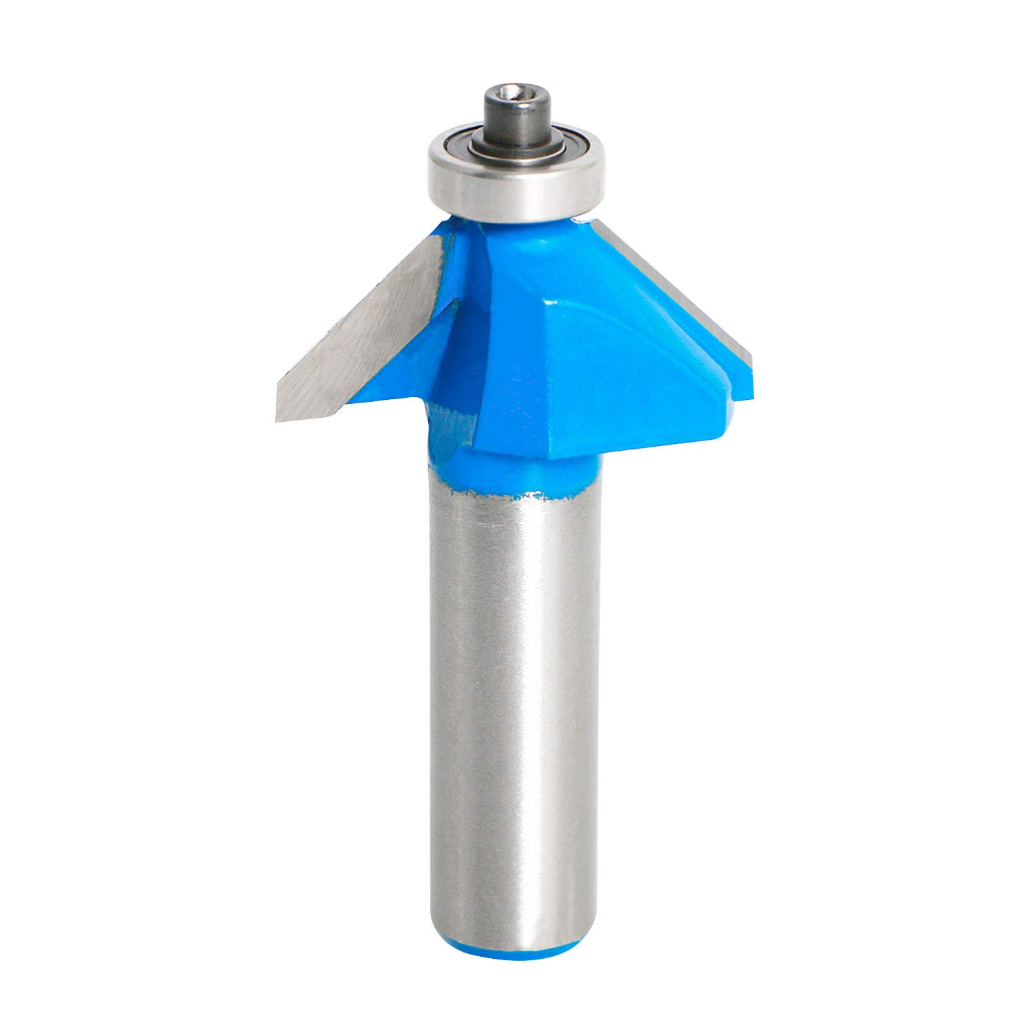Aopin 45 Degree Chamfer Edge Forming Router Bit 1/2-Inch Shank, Top Bearing Bevel Edge Forming Router Bits Cutter Woodworking Tool, Blue, Silver, 1Pcs