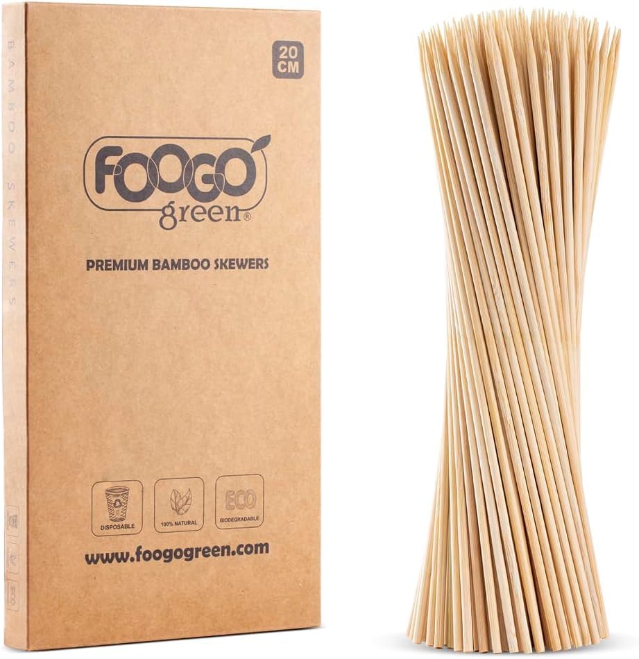 FOOGO Green 250pcs Medium 20cm, Bamboo Skewers, FSC® Certified, Sturdy Eco-Friendly Wooden, Barbecue, BBQ & Kebabs Skewers, Fruit Picks, Cocktail Sticks, for Camping, Parties and Wedding