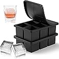 Nax Caki Large Ice Cube Tray with Lid Pack of 2, Stackable 2 Inch Big Silicone Square Ice Cube Mold for Whiskey Cocktails Bourbon Soups Frozen Treats, BPA Free