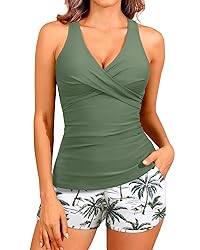 Women Green Palm Tree Tankini Swimsuits with Shorts