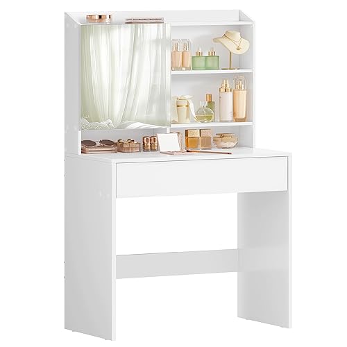 VASAGLE Dressing Table, Makeup Table with Mirror, Vanity Table with Adjustable Shelves, Drawer, Storage Cabinet, Makeup Organiser, Modern Style, 70 x 40 x 136 cm, White RDT118W01