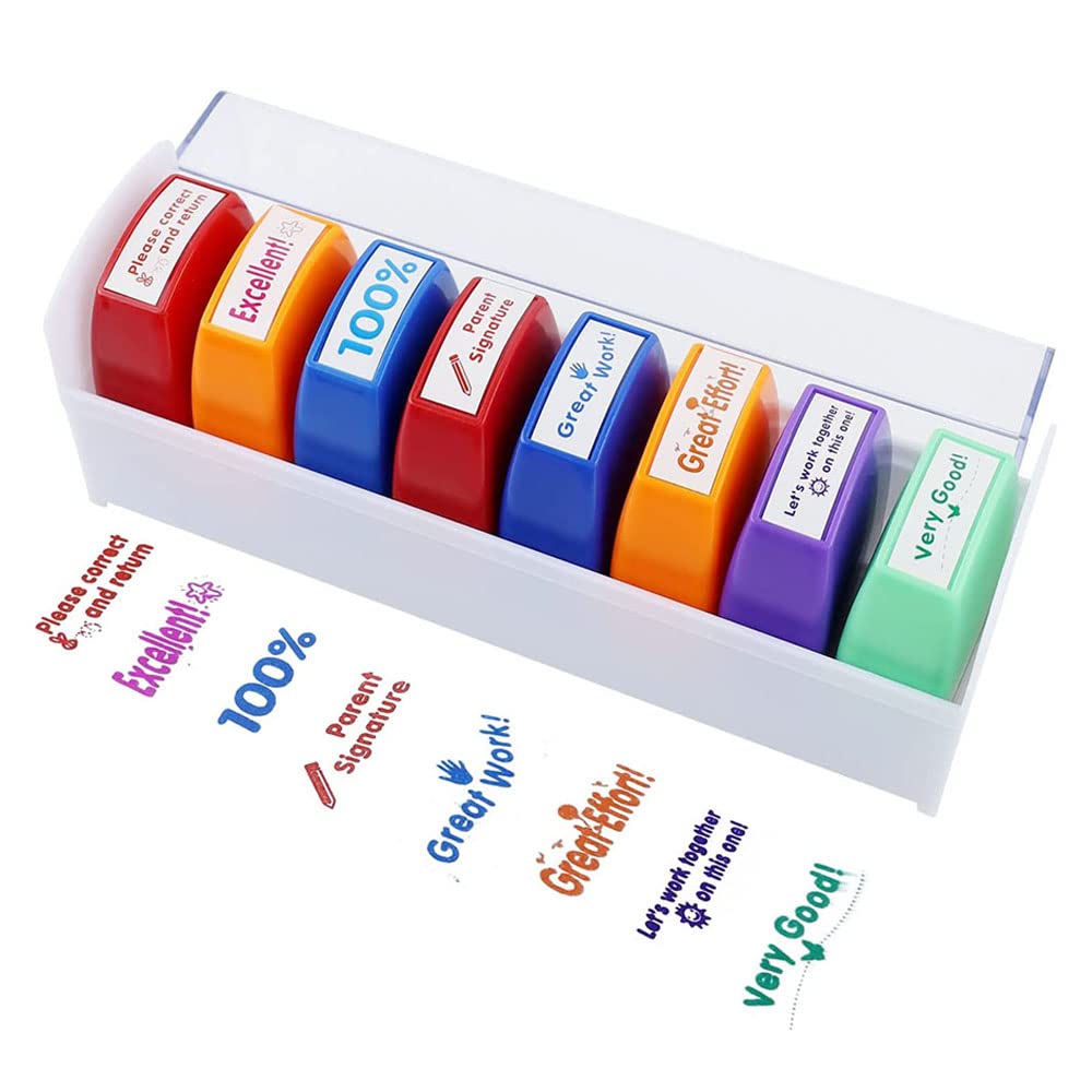 Teachers Stamps, Stamps for School Teachers, 8PCS Self Inking Teacher Stamps, Pre Ink Reward Stamp, Pattern Assorted Stampers Self Ink Plastic Stampers Holiday Party Favors Gifts