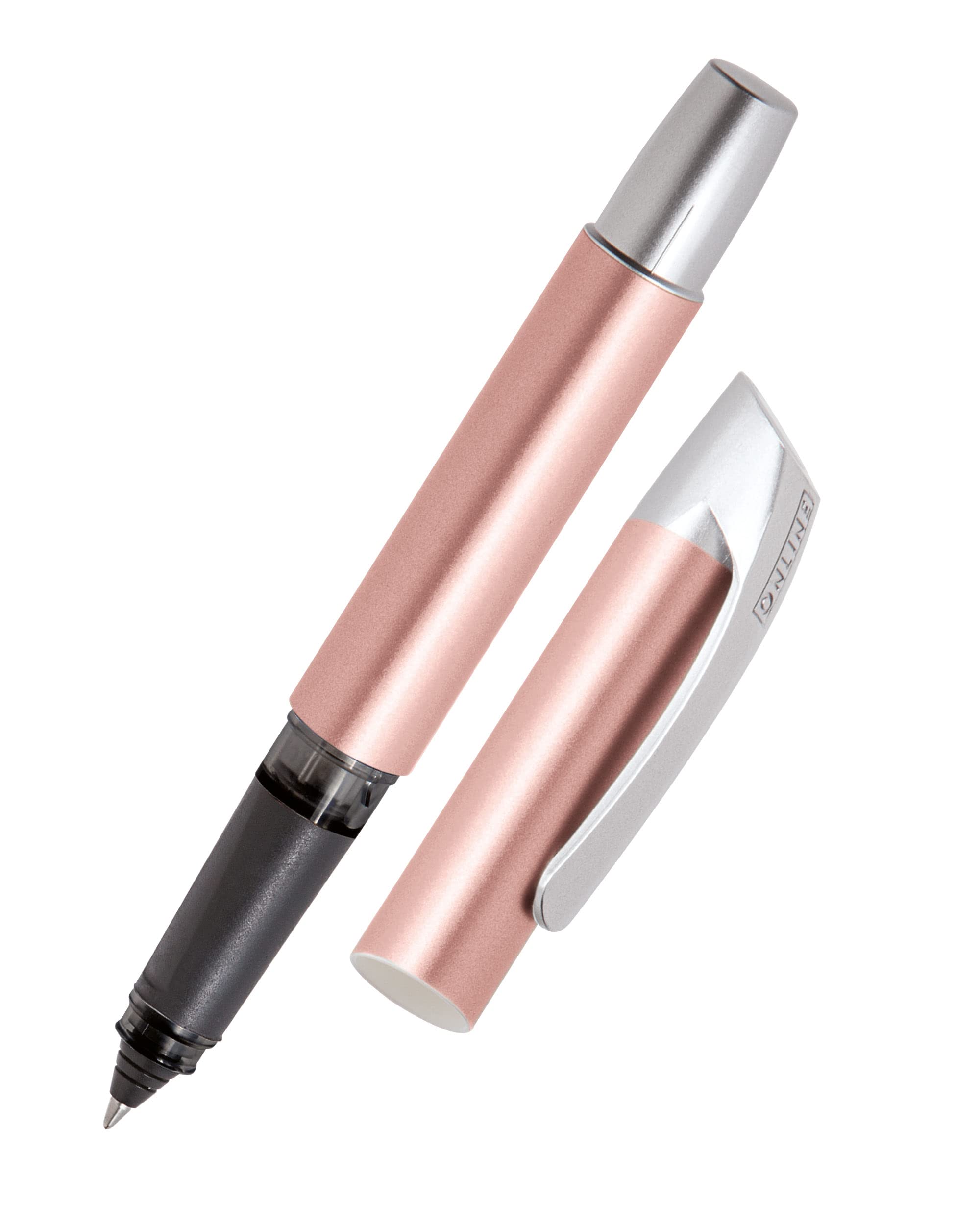 Ergonomic rollerball for school/college - ONLINE Campus Rosegold - for left- and right-handed, soft grip part, for standard ink cartridges, refillable, ideal for beginners/pupils/students