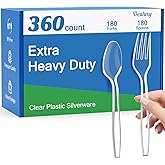 Dealusy 360 Count Extra Heavy Duty Clear Plastic Forks and Spoons, 180 Forks & 180 Spoons, Heat Resistant, Disposable Plastic Silverware Set
