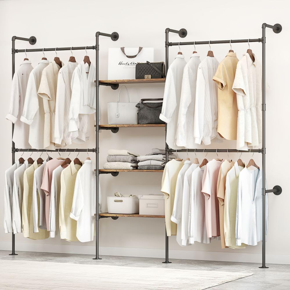 Photo 1 of DABILONGC Industrial Pipe Clothing Rack, Heavy Duty Adjustable Garment Hanger with Shelves, 2 Installation Methods Closet Storage System for Wardrobe Organization (Black, 80" H x 86" W)