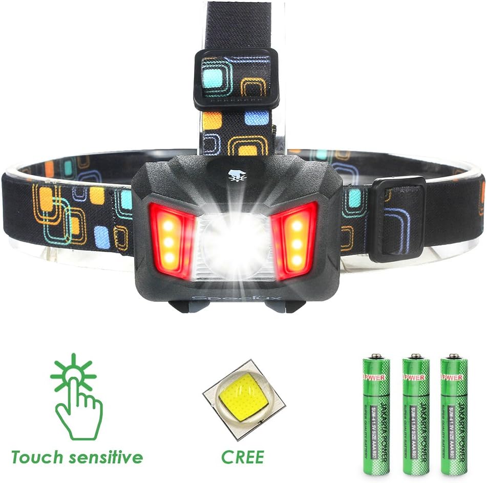Touch Sensitive LED Headlights - Speclux Helment Light, 90 Degrees Adjustable,Lightweight,Comfortable,Waterproof and Battery Powered (Included) Led Head Torch, 4 Modes Headlamp for Camping Hunting