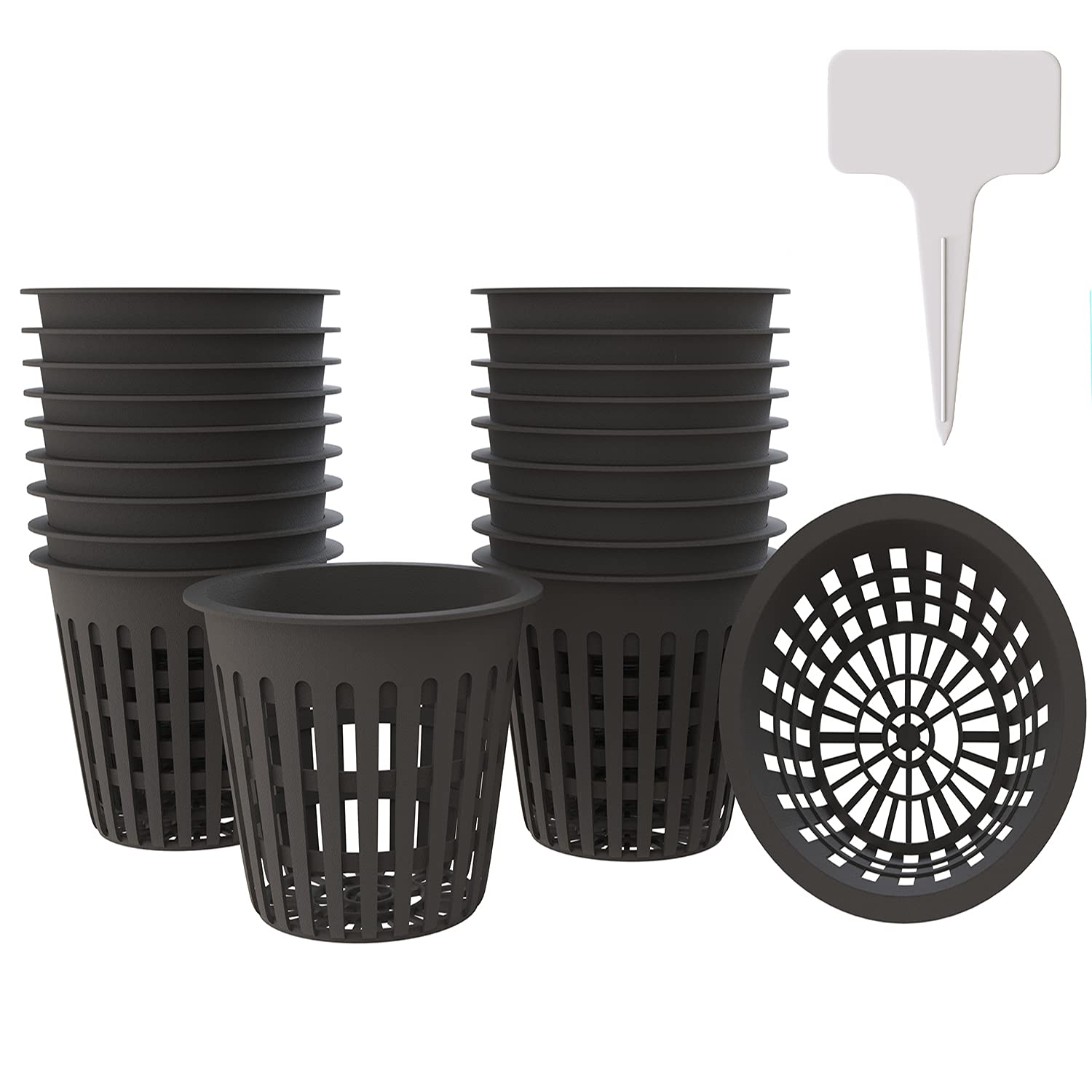 Photo 1 of 4 Inch Plastic Net Cups, Pots Plant Containers, for Hydroponics Aquaponics Orchids, 10 Pcs Black, with 20pcs Garden Tags.
