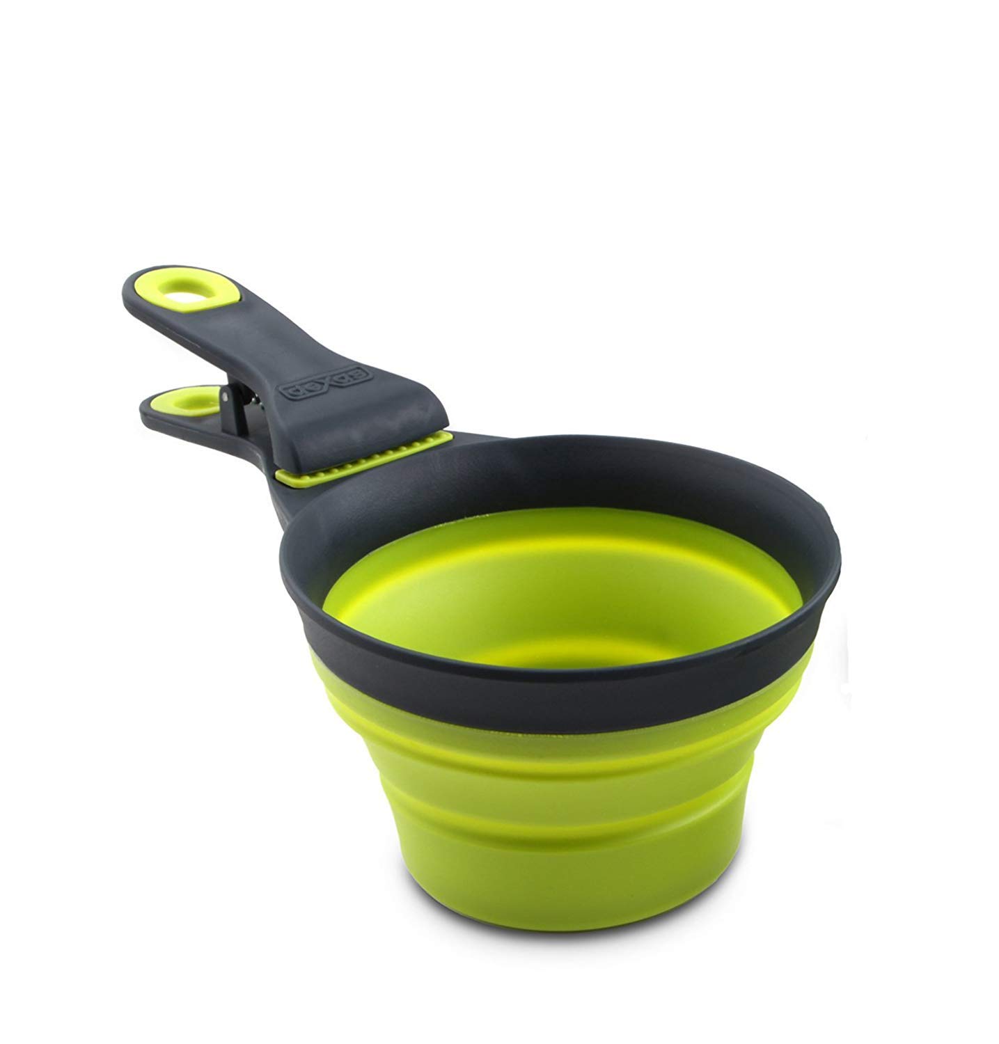 Dexas Popware for Pets Collapsible Klip Scoop, 3 in 1 Design Convenient Measuring Cup, Food Scooper and Bag Clip, 1/2 Capacity Pet Food Scoop, Versatile Food Measuring Cups Portion Control Gray/Green