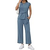 Casly Lamiit 2 Piece Set for Women Summer Casual Cap Sleeve Top with Belted Tie Crop Wide Leg Pants Travel Airport Outfit