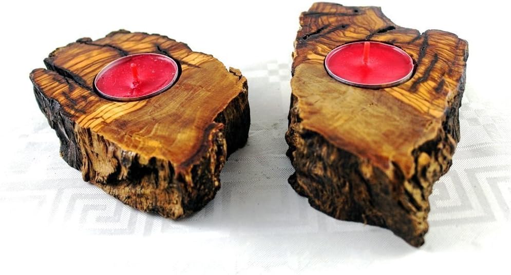PAIR of CANDLE HOLDERS, Hand Carved Olive Wood with Free Scented Tea Lights, Perfect Gift for Birthday, Wedding, House Warming, Anniversary, His or Her gift.