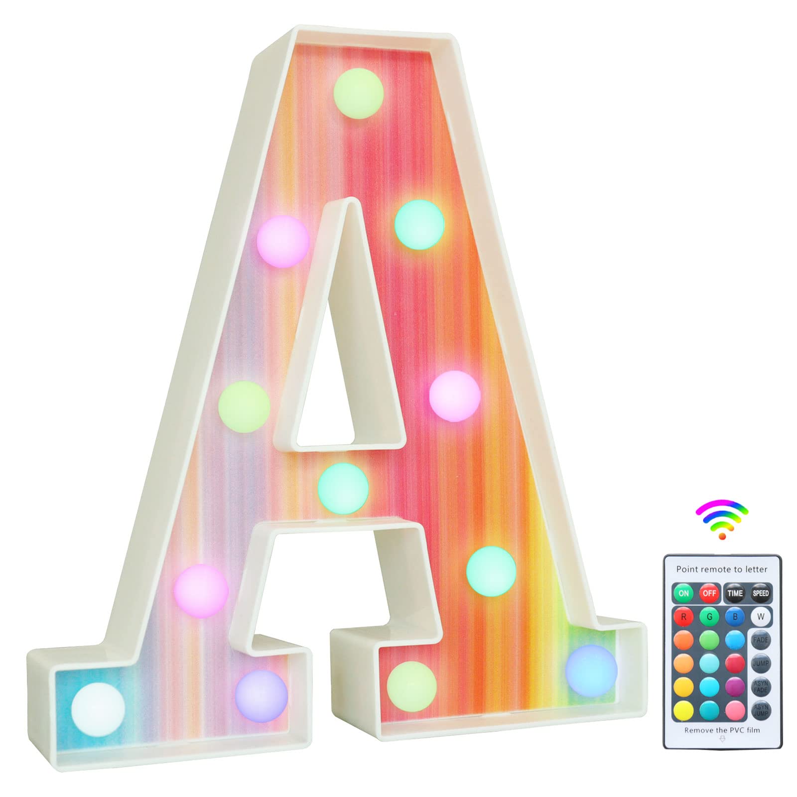 Rainbow Light Up Letters, Colorful LED Letter Lights 16 Color Changing Alphabet Sign Gifts for Girls Women Party Birthday Decorations Remote Night Light Christmas Valentine Wall Table Decor - A