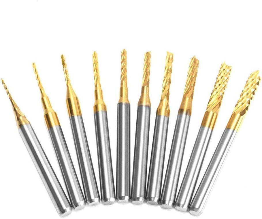 Gasea 10pcs PCB Rotary Bits Titanium Plated Carbide End Mill Engraving Bits Set 1/8 Inch (3 mm) Tail Bits for CNC Rotary Engraving 0.8 mm-3.175 mm