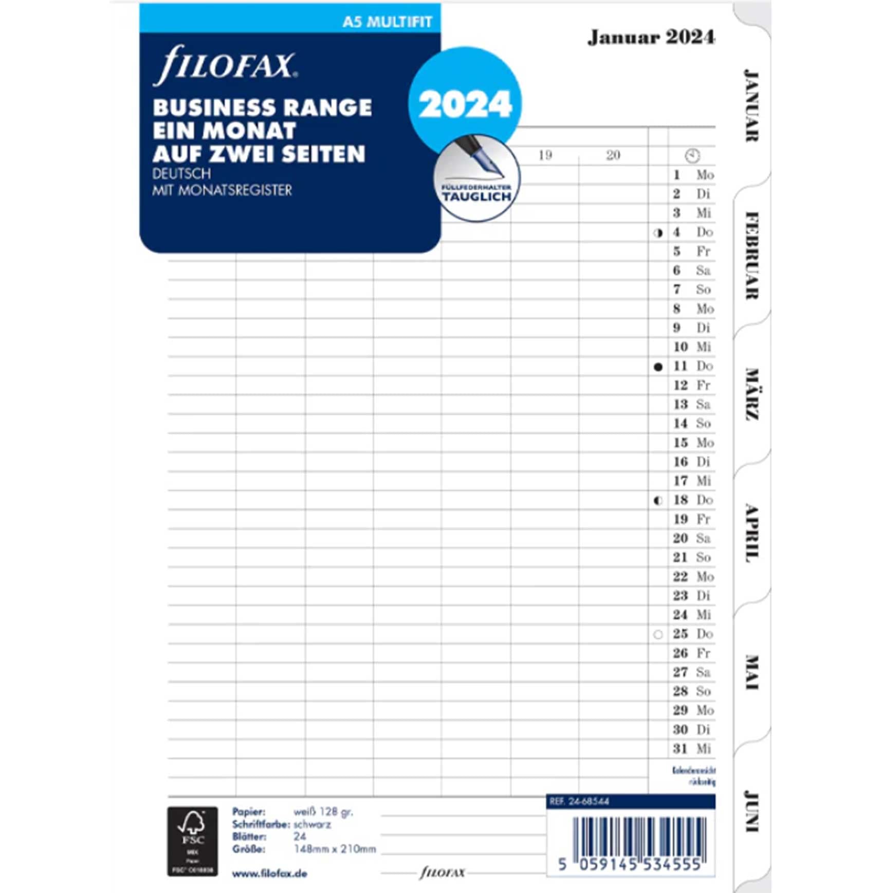 FILOFAX 24-68544 Calendar Insert 2024 A5 1 Month / 2 Pages Tabbed