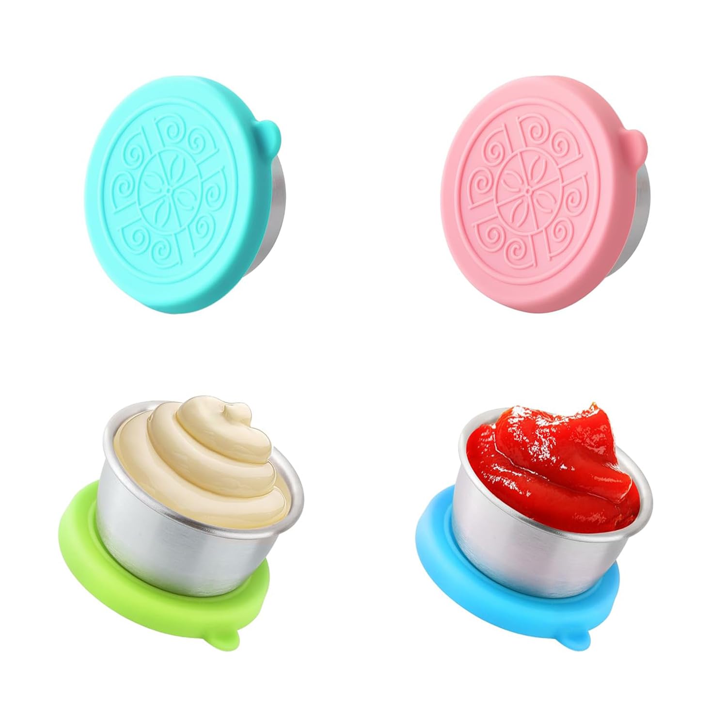 Lookka Salad Dressing Container To Go,4-piece Dipping Container, 1.7oz Small Stainless Steel Condiment Containers Cups with Silicone Lids,Stainless Steel Dipping Container For Sauce,Dips,Ice Cream.