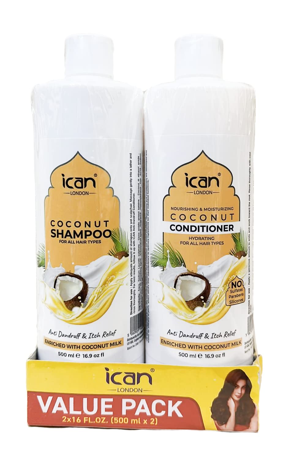 ican London Coconut Enriched Anti Dandruff, Itch Relief Shampoo & Conditioner DUO PACK 500ml X 2