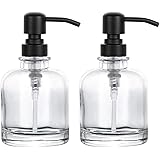2 Pcs Thick Clear Glass Jar Hand Soap Dispenser Bathroom with Matte Black Stainless Steel Pump, 12ounce Clear Boston Round Bo