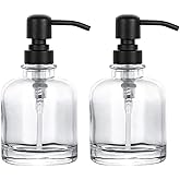 2 Pcs Thick Clear Glass Jar Hand Soap Dispenser Bathroom with Matte Black Stainless Steel Pump, 12ounce Clear Boston Round Bottle Dispenser with Rustproof Pump for Kitchen Dish