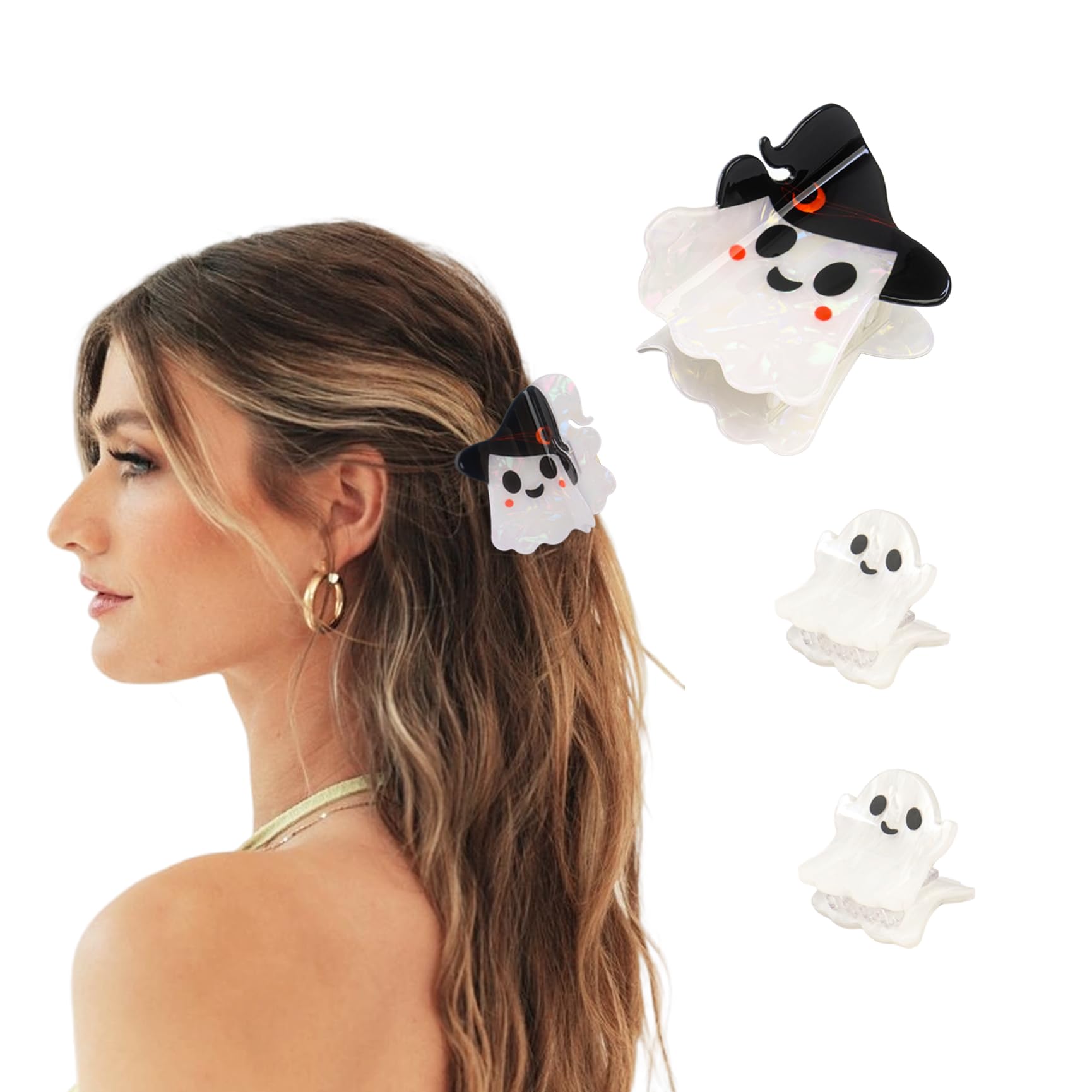 Photo 1 of 3PCS Halloween Hair Claw Clips, Cute Ghost Claw Clips Laser White Ghost Hair Clip for Women Girls Halloween Spooky Hair Accessories