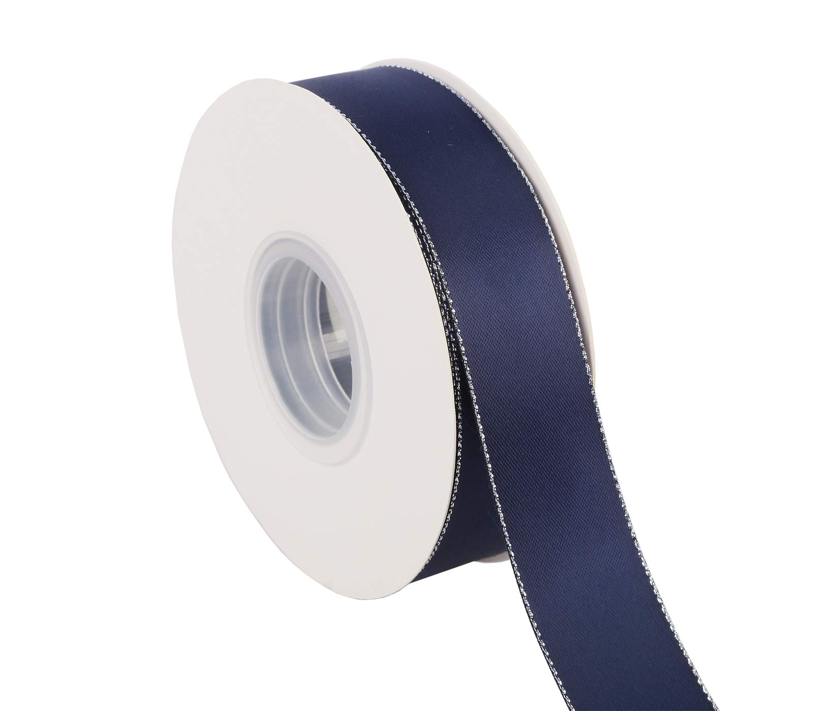 ITIsparkle 25mm Width Double Faced Satin Ribbon 22 Meters with Silver Edges, 25mm X 25M - Navy