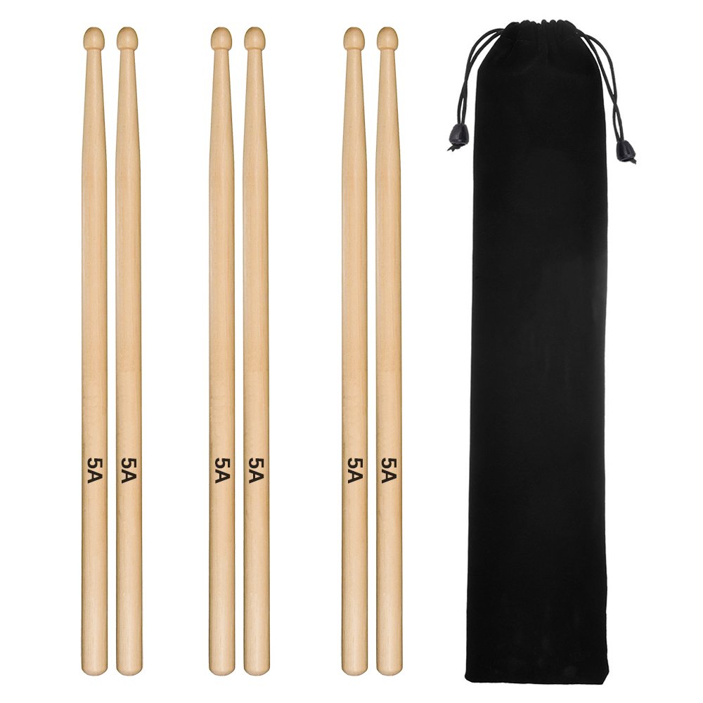 3 Pairs Drum Sticks Tuloka 5A Classic Maple Drumsticks Student Kids Drum Sticks Wood Tip with Carry Bag