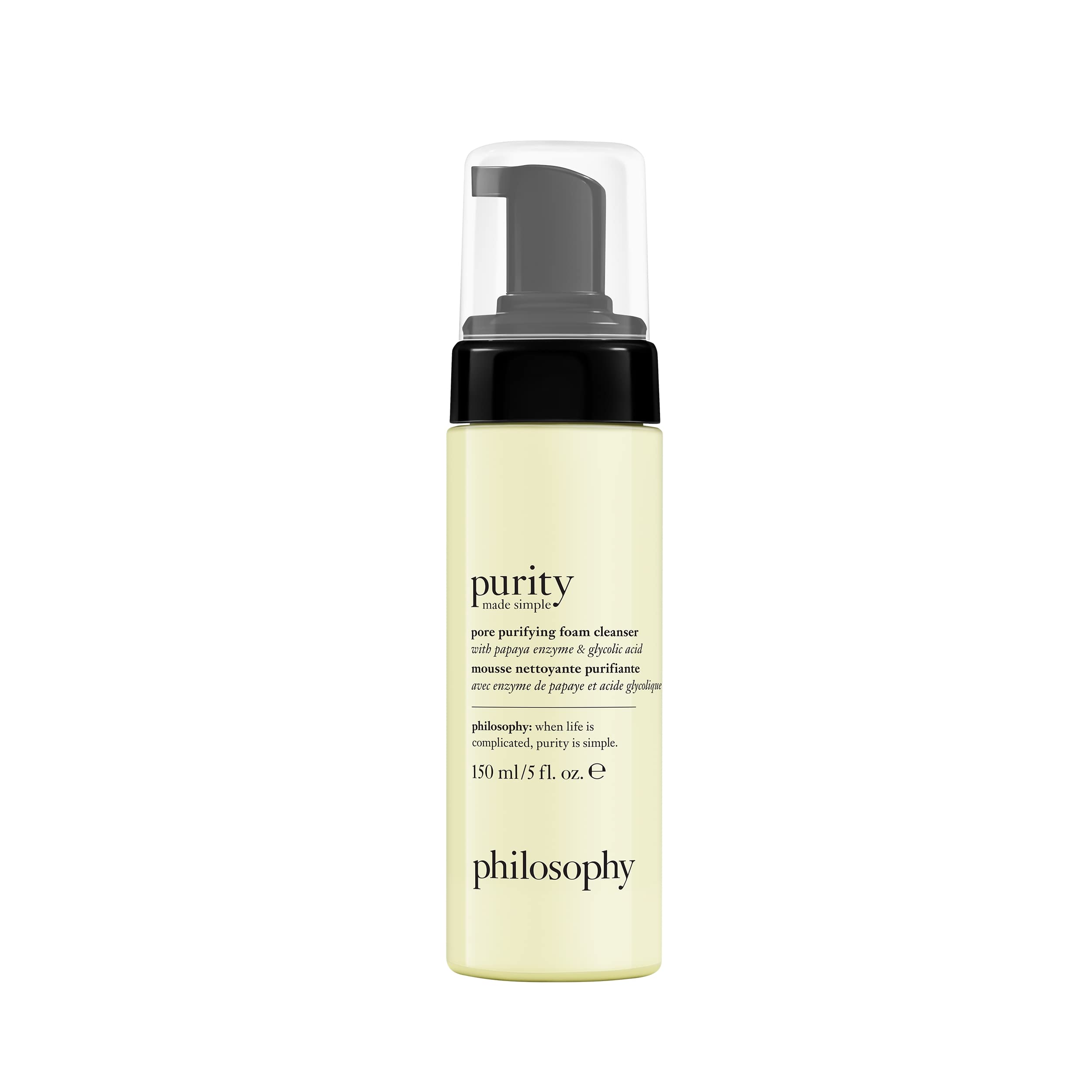 philosophy purity pore purifying facial foam cleanser 150ml, with papaya enzyme & glycolic acid, removes impurities from pores, suitable for AM and PM