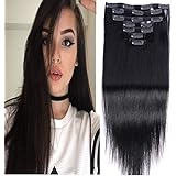 20" Clip in Human Hair Extensions Full Head 180g 7 Pieces 16 Clips Natural Black Double Weft Brazilian Real Remy Hair Extensions Thick Straight Silky (20" 180g, #1B)